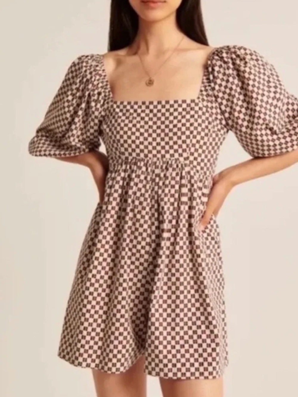 Abercrombie & Fitch Puff Cream and Brown Puff Sleeve Flirty Checkered  Romper MP